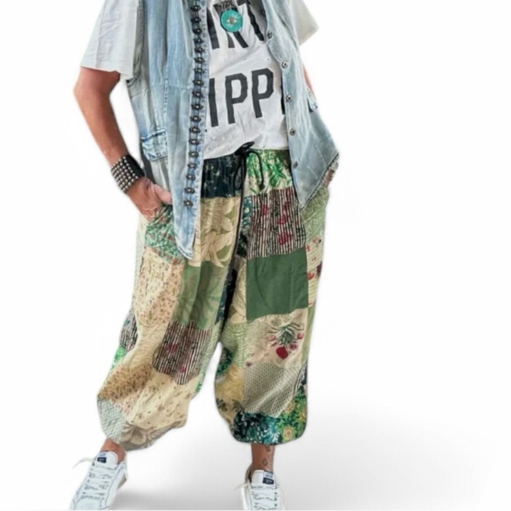 Patchwork Green and Cream Joggers - Picture 2 of 3